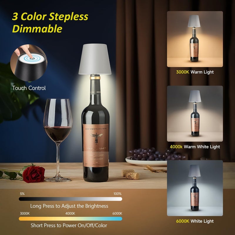 Hoide Store 2025 New Wireless Bottle Lamp - LED Bottle Lights for Liquor & Wine Bottles, Cordless Lampshade, Whiskey Bottle Top Light, Bottle Stopper Night Light Kit, Rechargeable 3-Tone Touch-Dimmable - Image 2